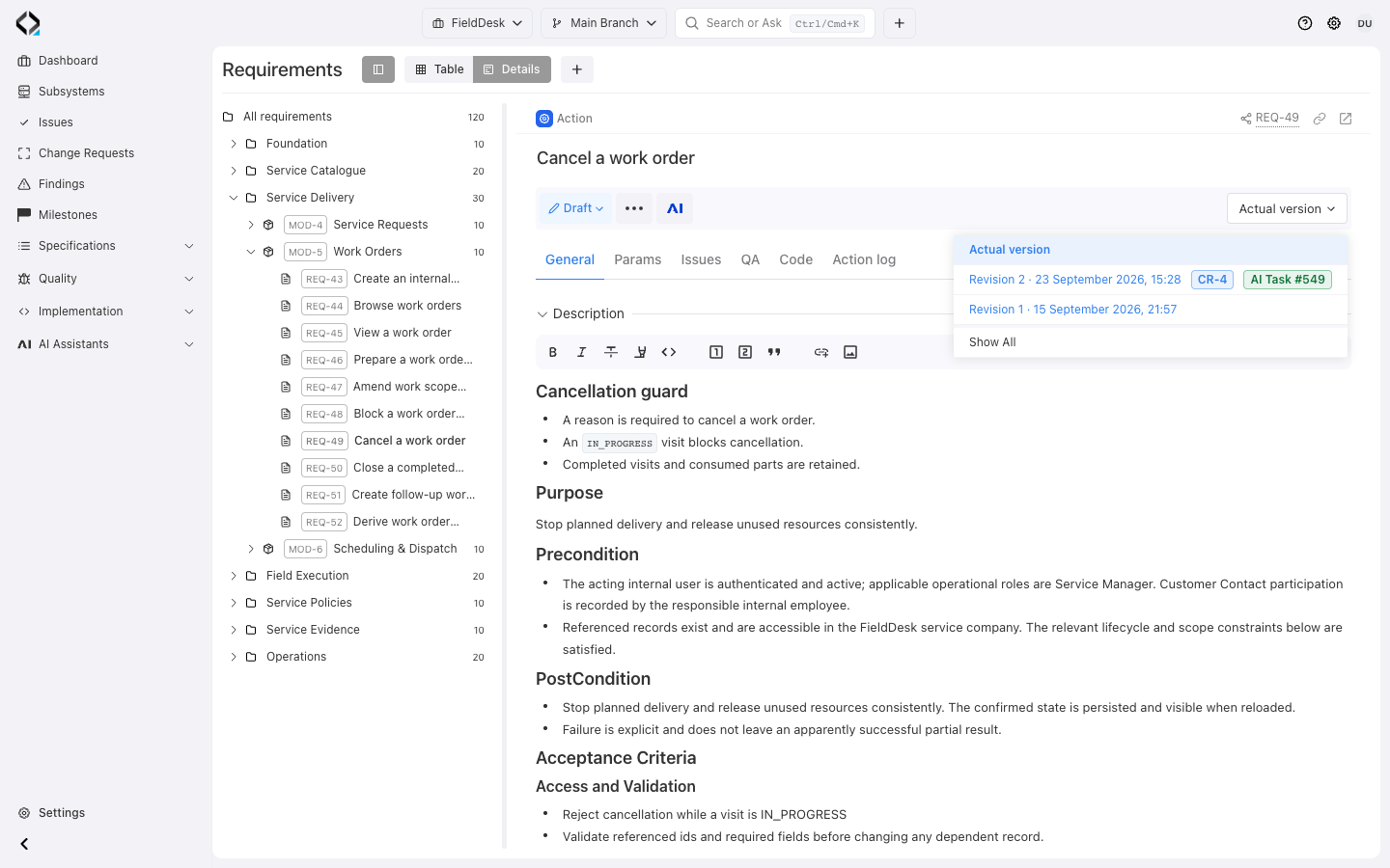 Open the requirement history