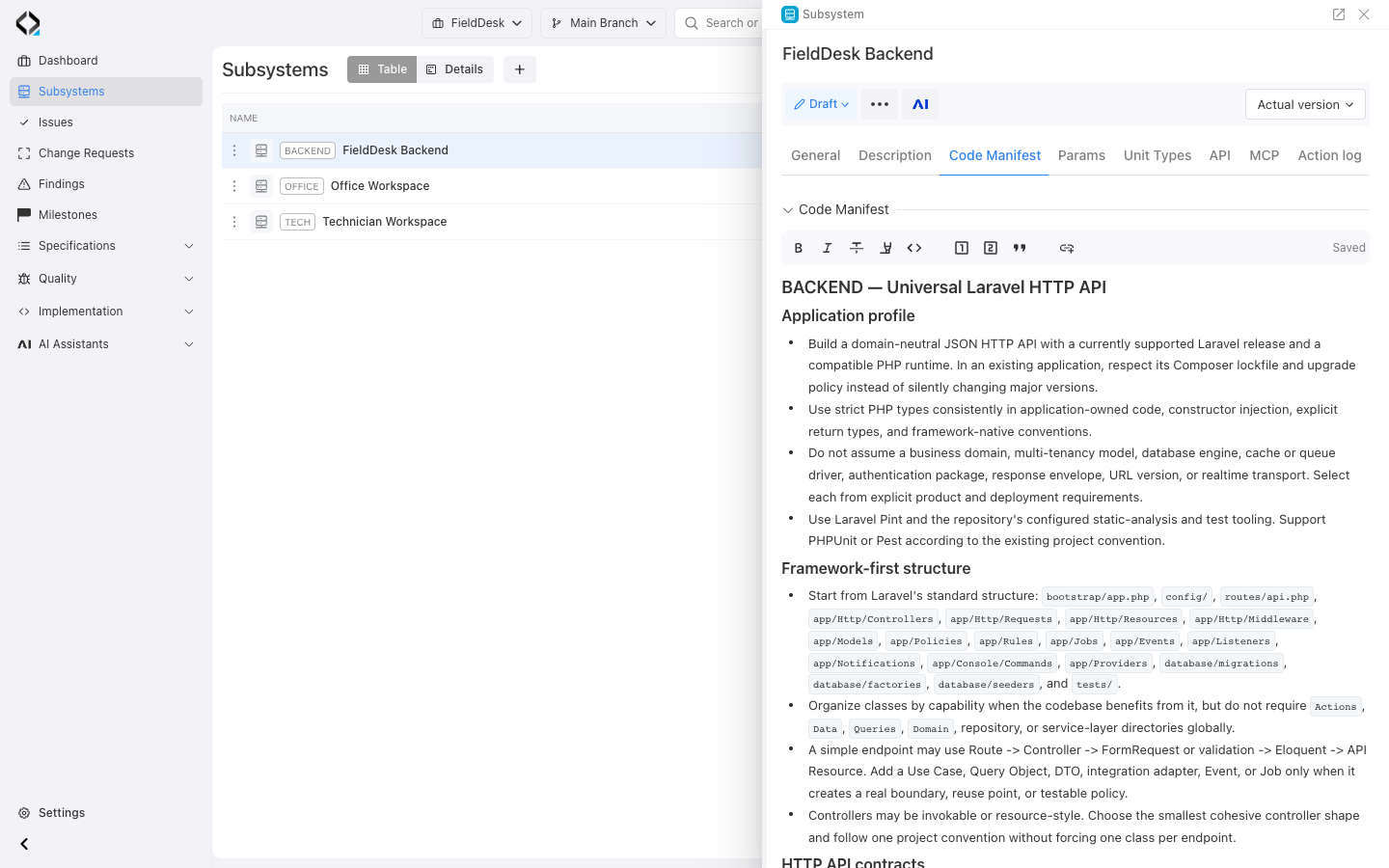 Open the subsystem Code Manifest